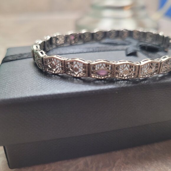 Art Deco Diamond Amethyst Filigree Antique Bracelet 10k White Gold Price is Firm - Picture 10 of 16